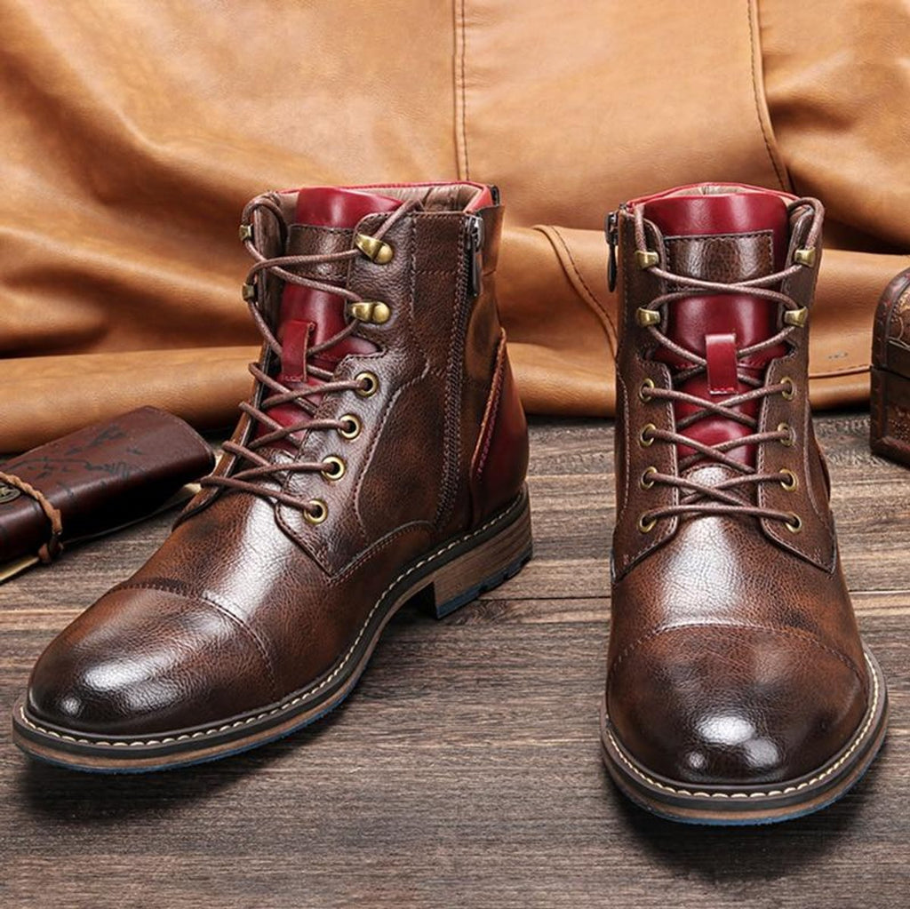 Men's Leather Cap-Toe Lace-Up Side-Zip Oxford Boots