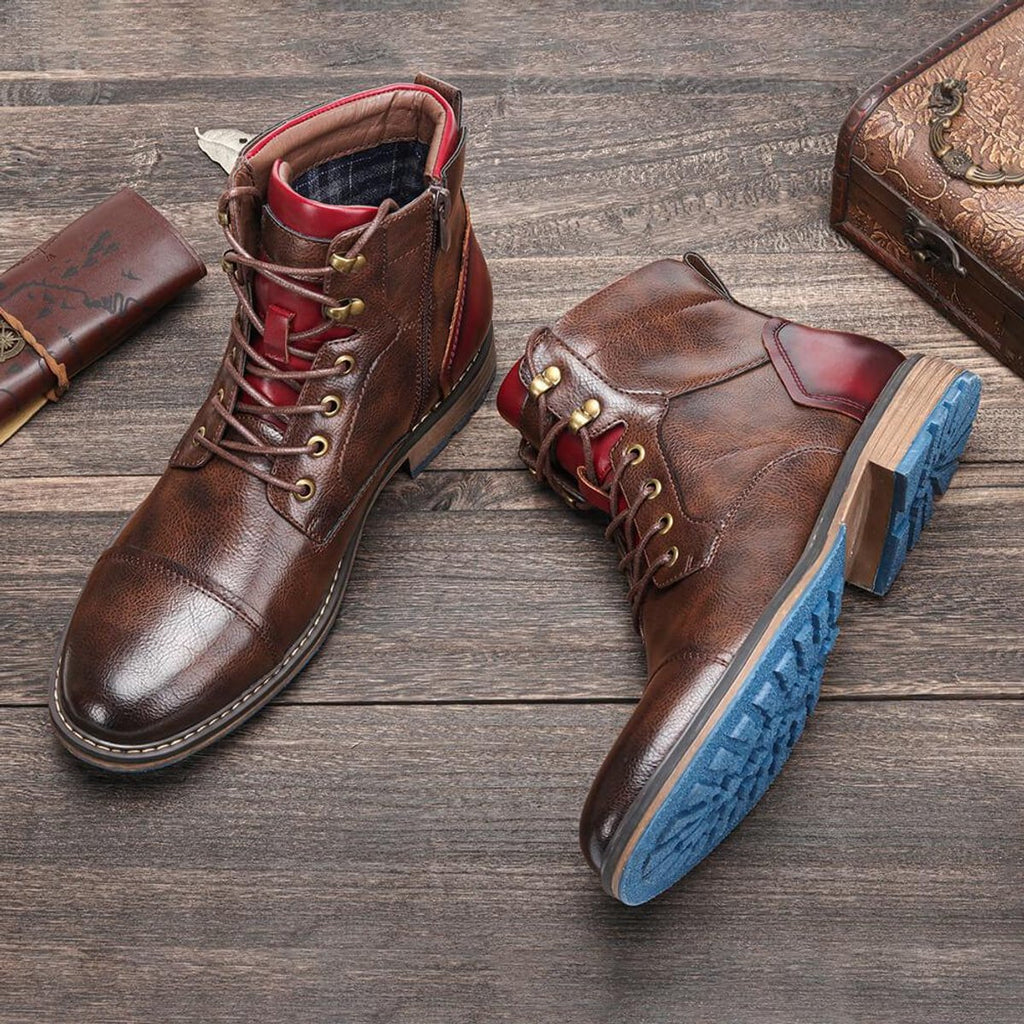 Men's Leather Cap-Toe Lace-Up Side-Zip Oxford Boots