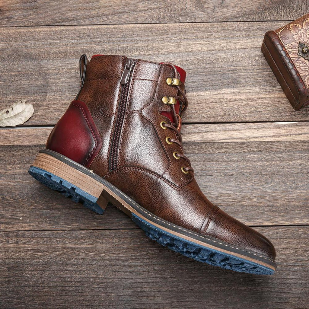 Men's Leather Cap-Toe Lace-Up Side-Zip Oxford Boots