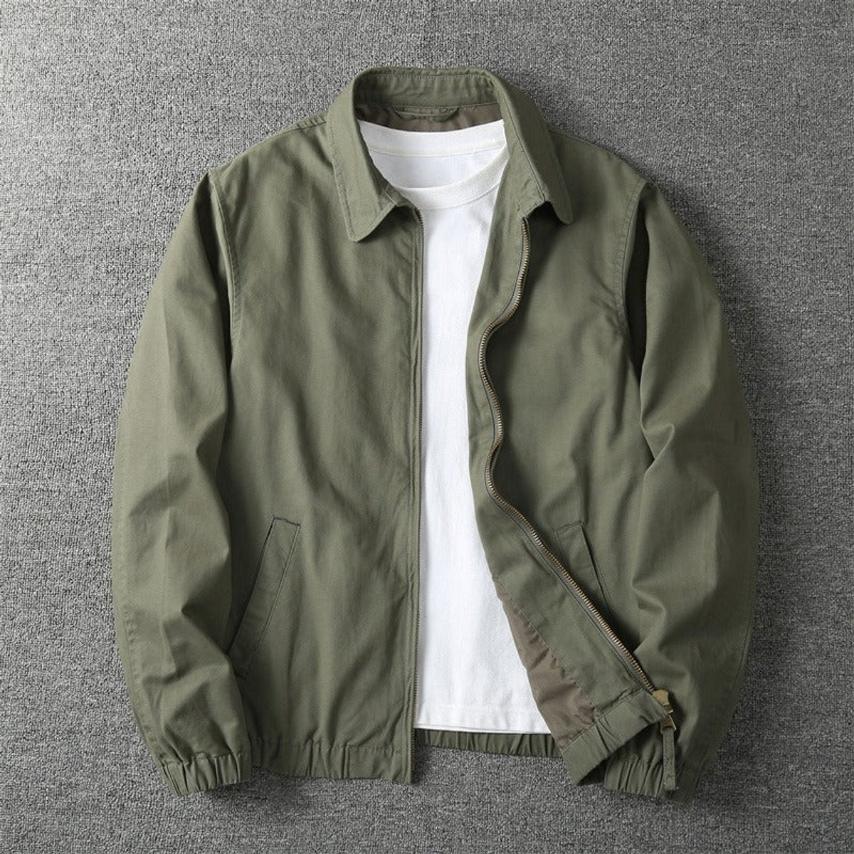 Men's Lightweight Zip-Up Bomber Jacket Elasticated Hem - Khaki