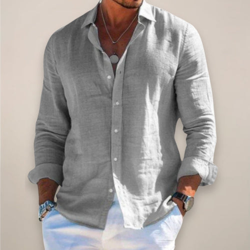 Men's Linen Long Sleeve Button-Up Shirt - Grey