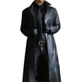Men's Long Faux Leather Trench Coat Button-Front - Black