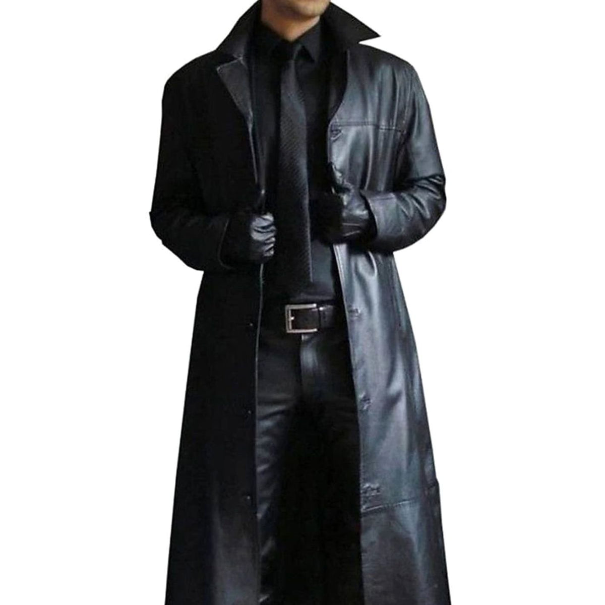 Men's Long Faux Leather Trench Coat Button-Front - Black