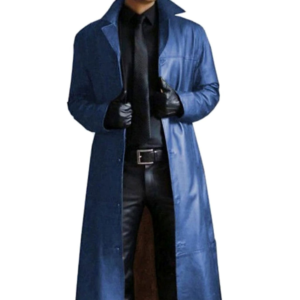 Men's Long Faux Leather Trench Coat Button-Front - Dark Navy