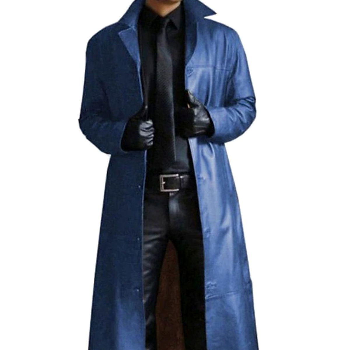Men's Long Faux Leather Trench Coat Button-Front - Dark Navy