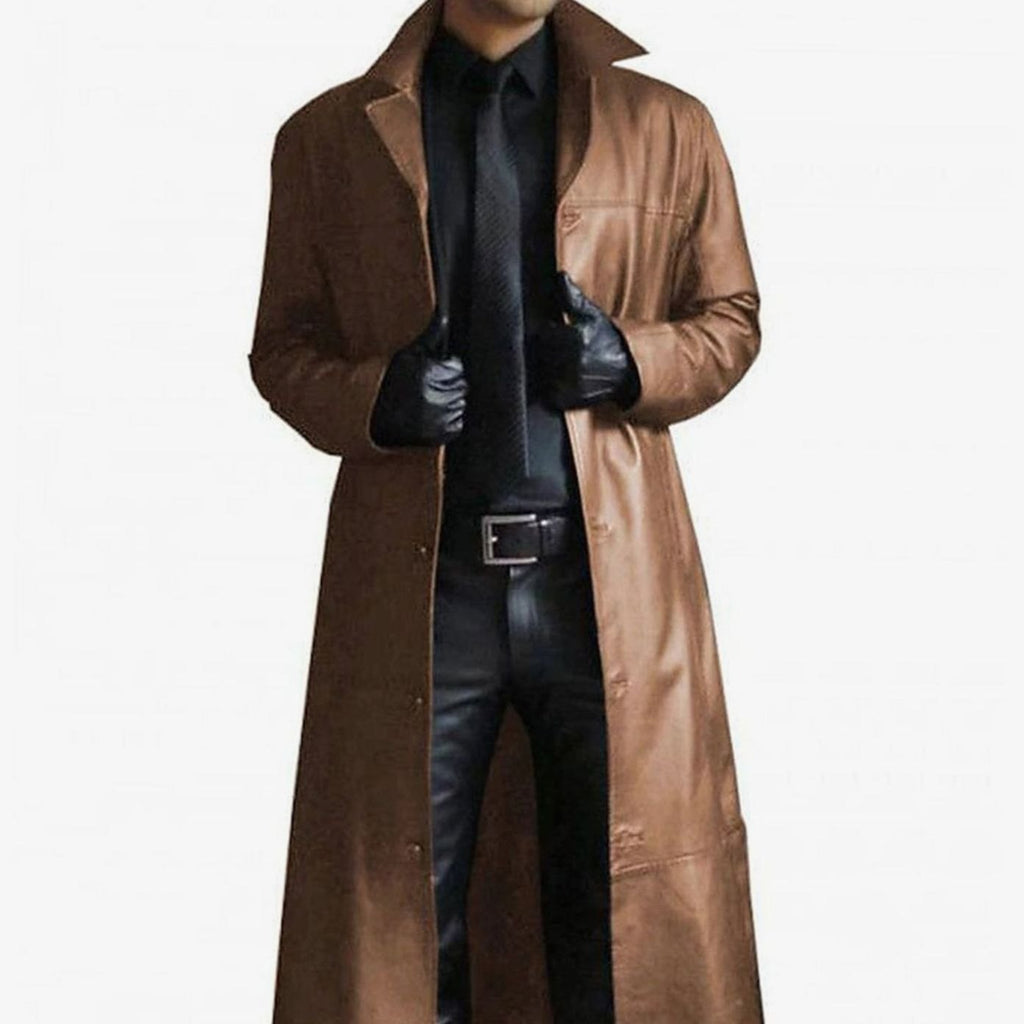 Men's Long Faux Leather Trench Coat Button-Front - Khaki