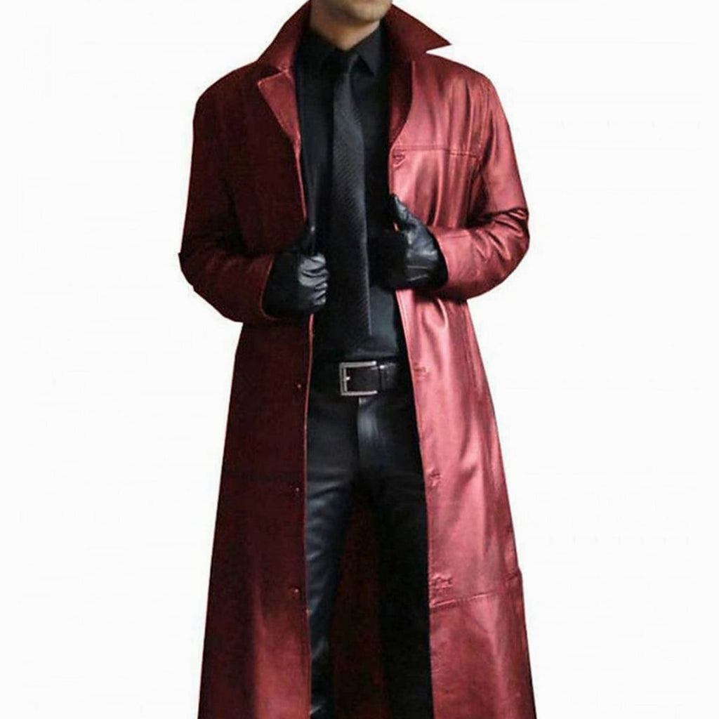 Men's Long Faux Leather Trench Coat Button-Front - Wine Red