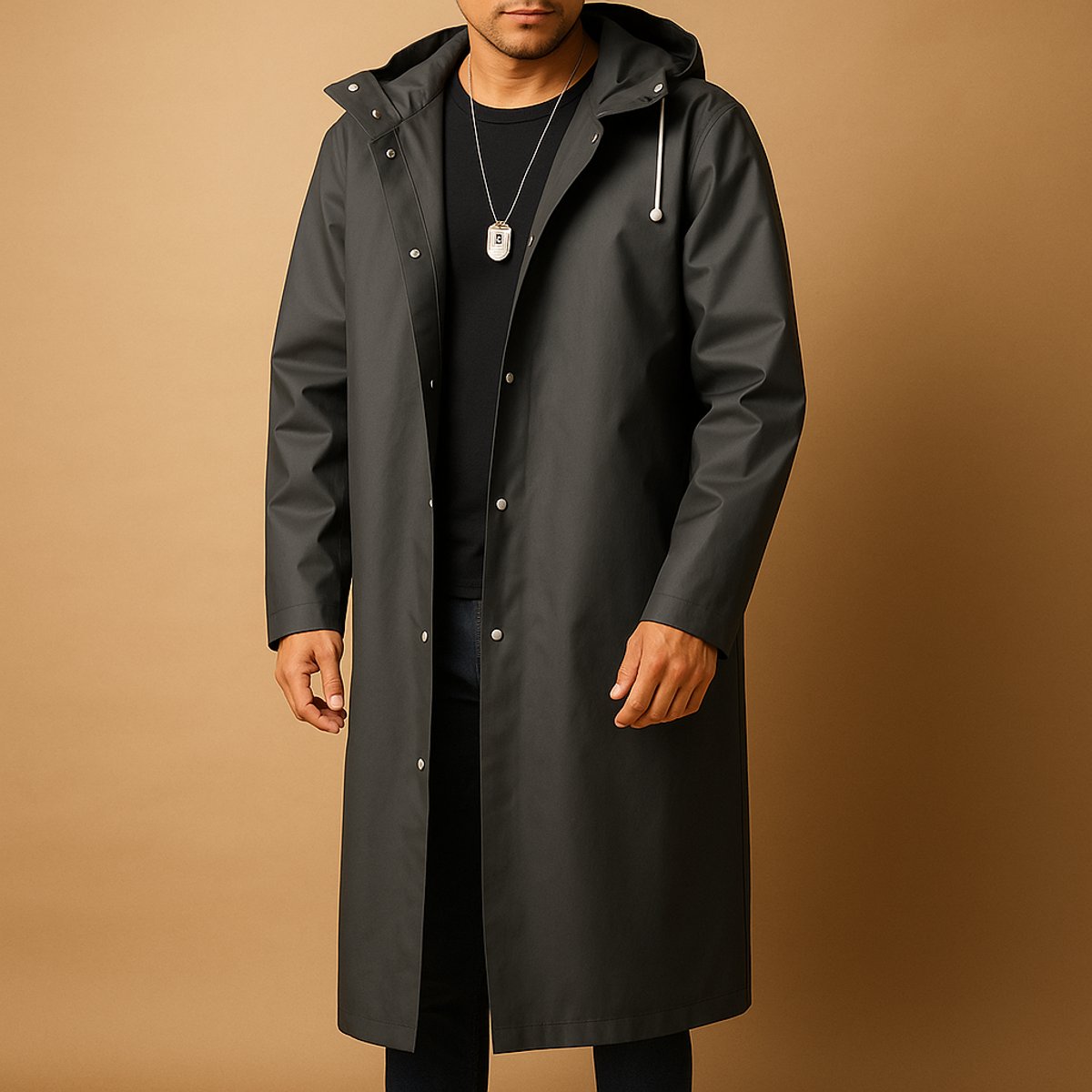 Men's Long Hooded Waterproof EVA Rain Jacket - Black