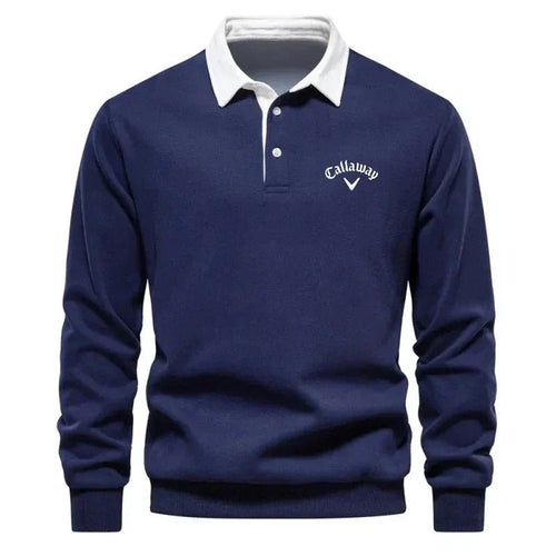 Men's Long-Sleeve Cotton-Blend Contrast Collar Golf Polo Sweater - Navy Blue