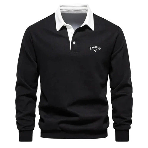 Men's Long-Sleeve Cotton-Blend Contrast Collar Golf Polo Sweater - Black