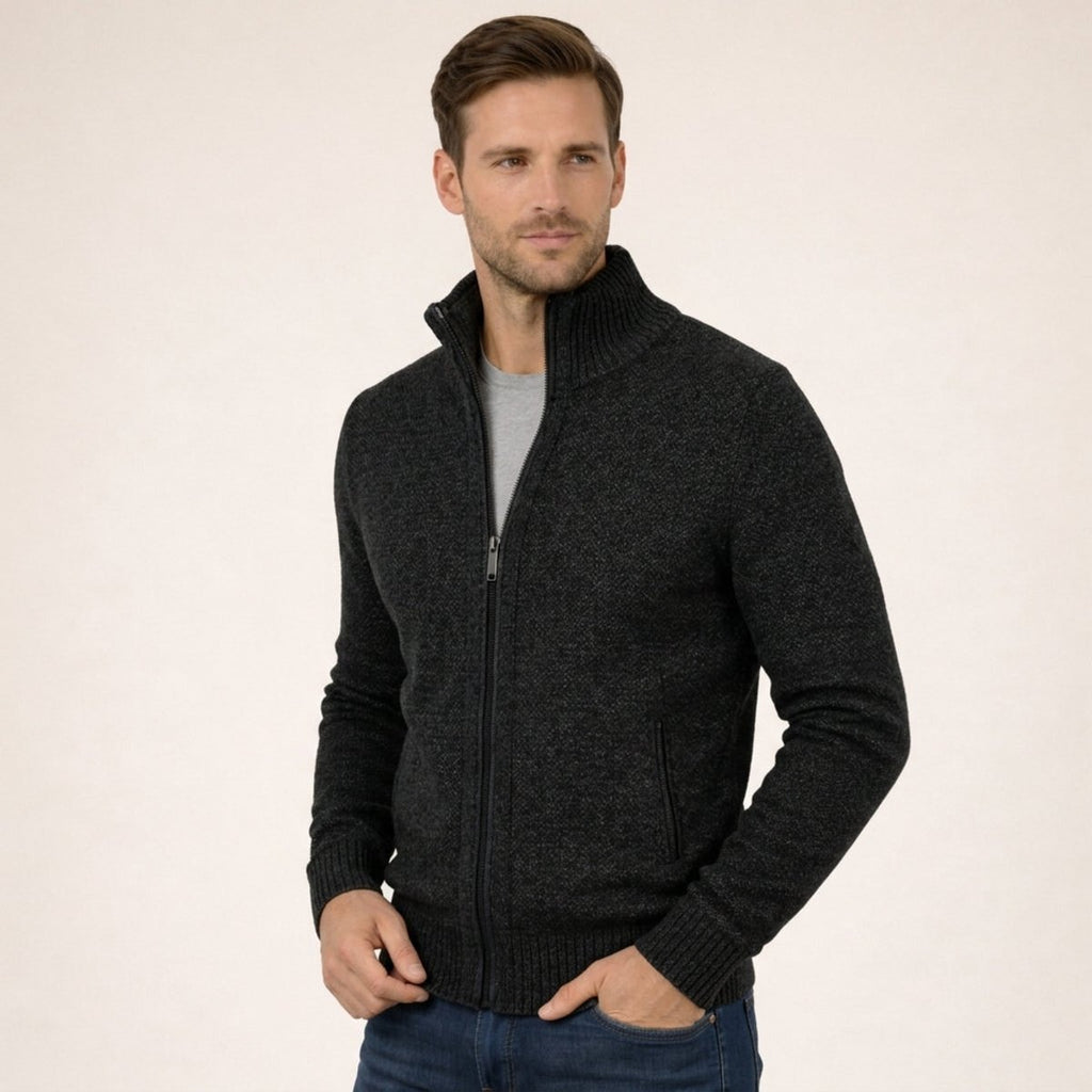 Men's Merino Wool Full-Zip Mock Neck Sweater - Black