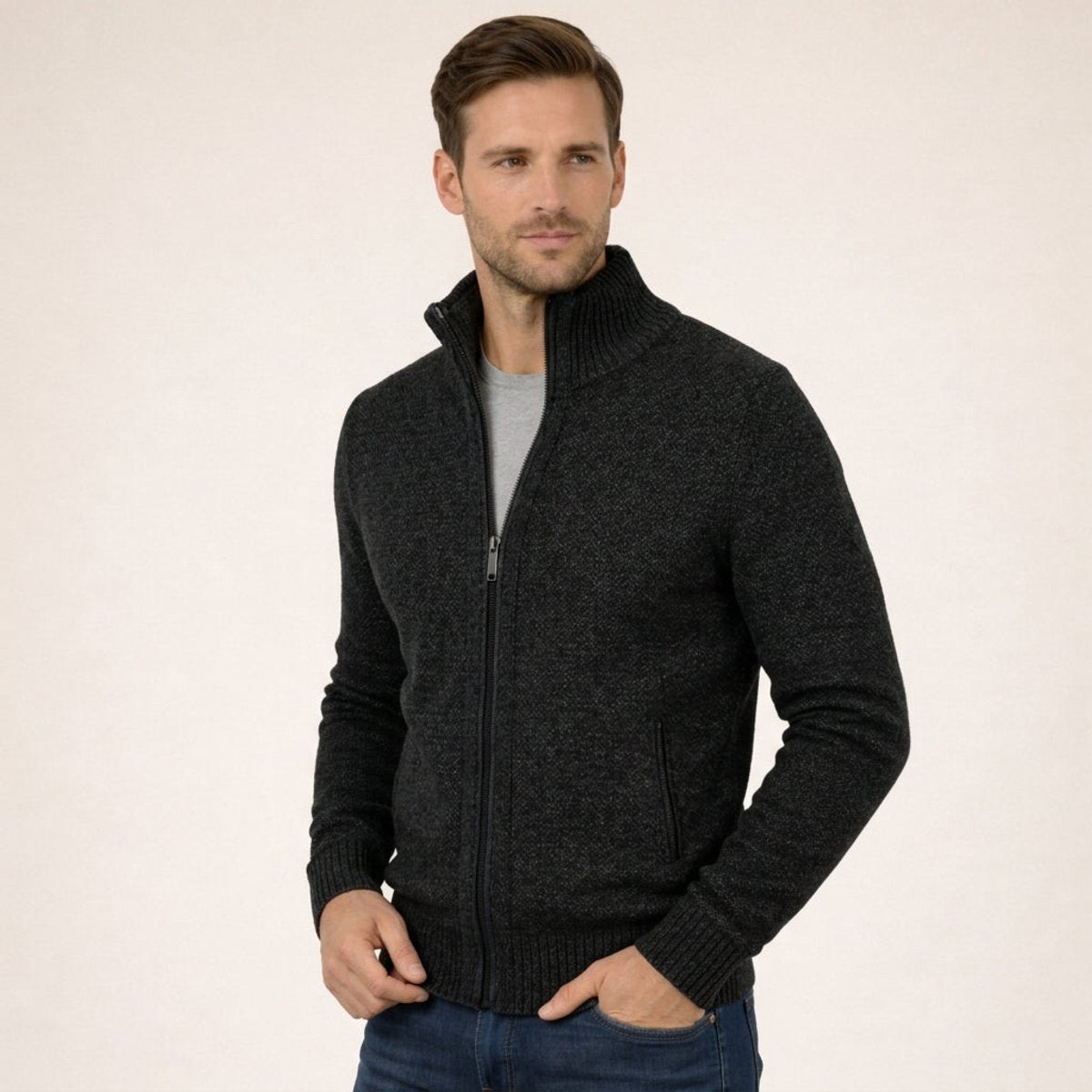 Men's Merino Wool Full-Zip Mock Neck Sweater - Black