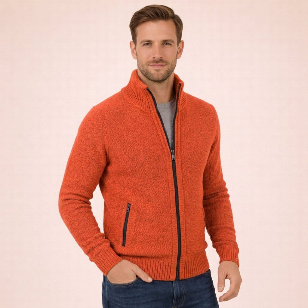 Men's Merino Wool Full-Zip Mock Neck Sweater - Orange