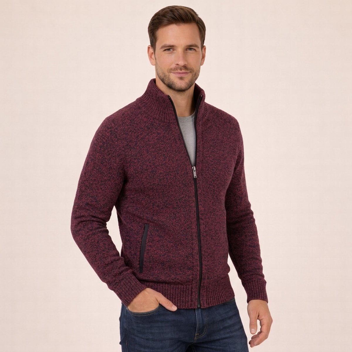 Men's Merino Wool Full-Zip Mock Neck Sweater - Burgundy