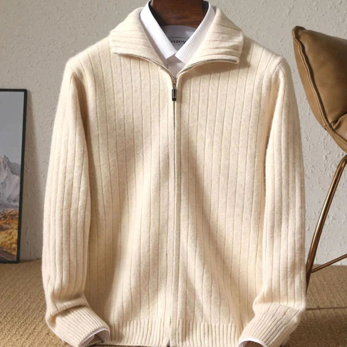 Men's Merino Wool Full-Zip Ribbed Cardigan Sweater - Beige