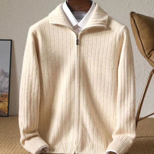 Men's Merino Wool Full-Zip Ribbed Cardigan Sweater - Beige