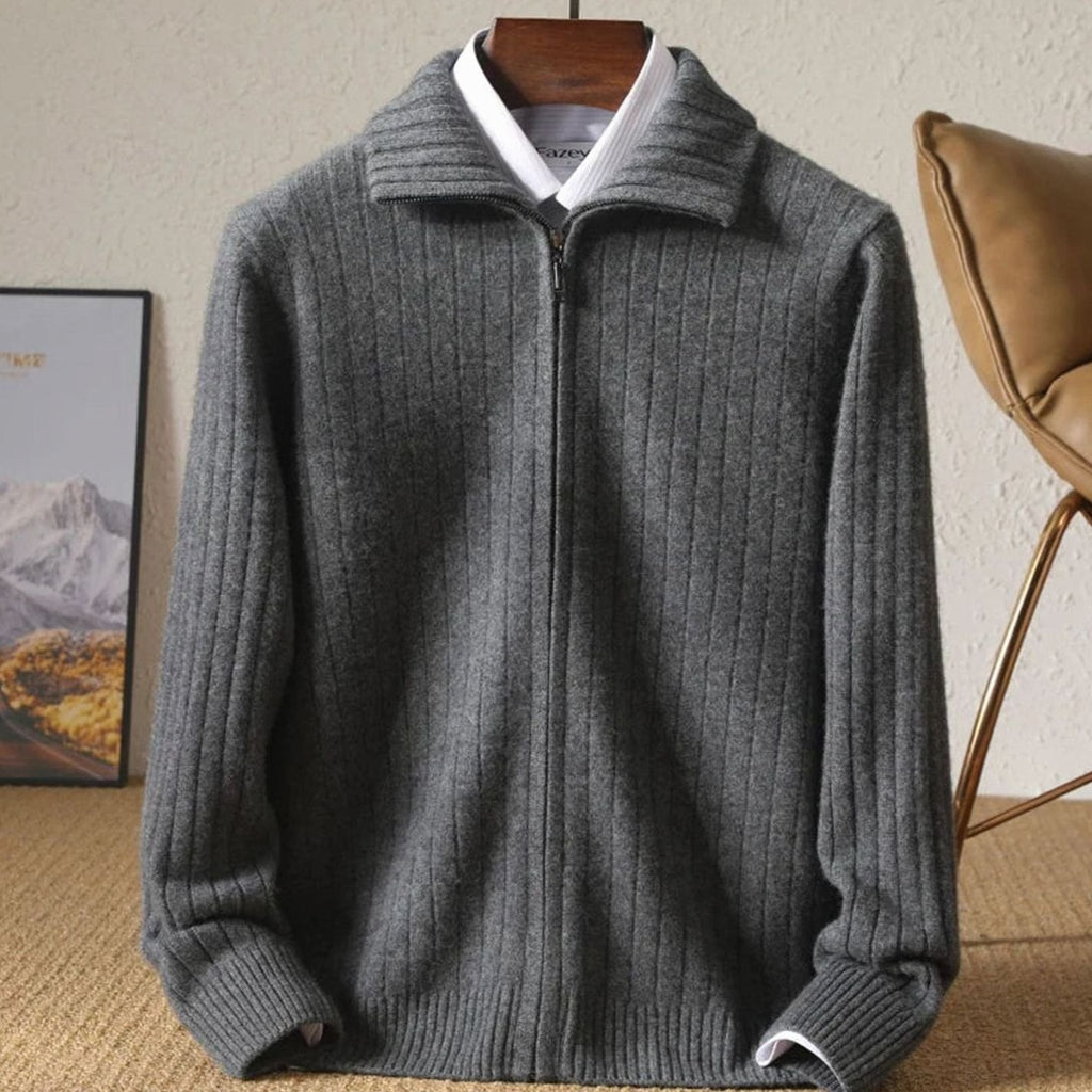 Men's Merino Wool Full-Zip Ribbed Cardigan Sweater - Gray