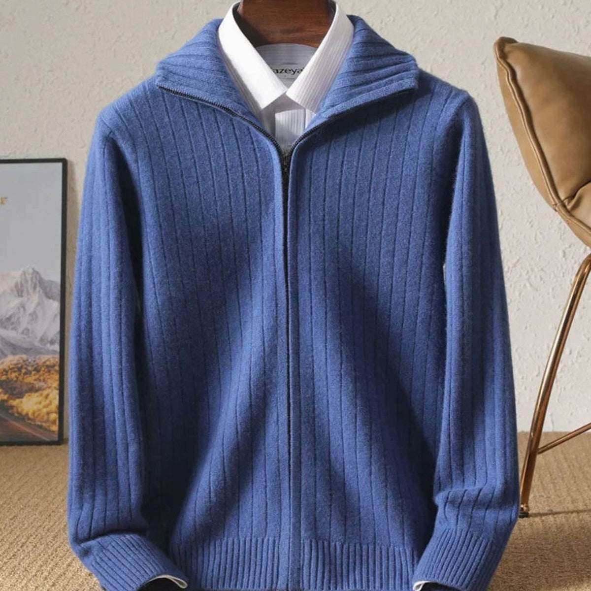 Men's Merino Wool Full-Zip Ribbed Cardigan Sweater - Blue