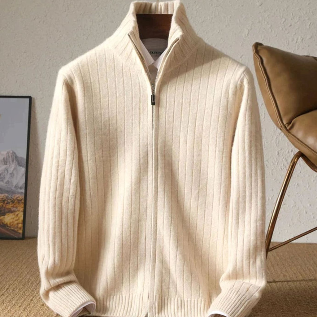 Men's Merino Wool Full-Zip Ribbed Cardigan Sweater