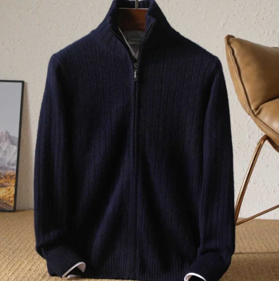 Men's Merino Wool Full-Zip Ribbed Cardigan Sweater - Black