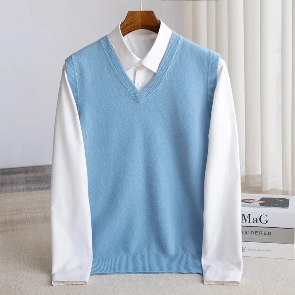 Mens Merino Wool V-Neck Sweater Vest Layering Knit - Blue