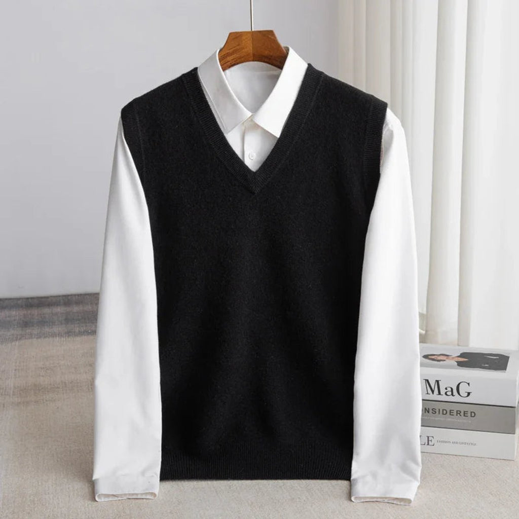 Mens Merino Wool V-Neck Sweater Vest Layering Knit - Black