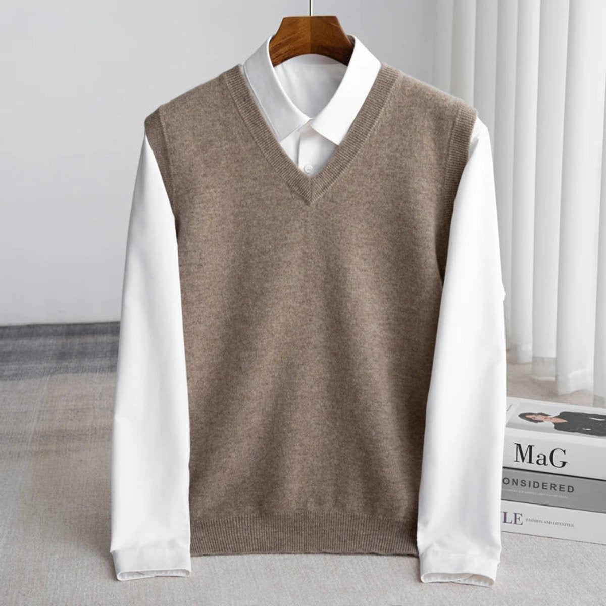 Mens Merino Wool V-Neck Sweater Vest Layering Knit - Camel