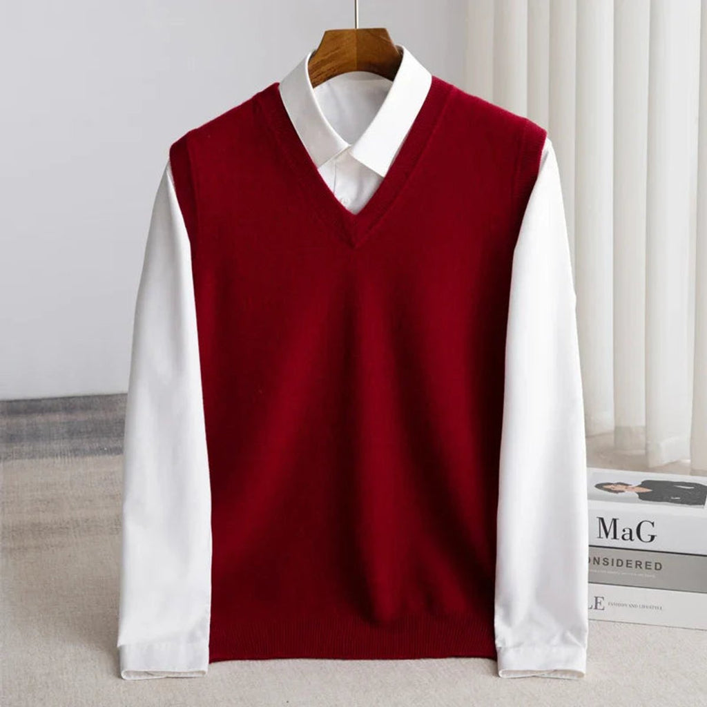 Mens Merino Wool V-Neck Sweater Vest Layering Knit - Burgundy