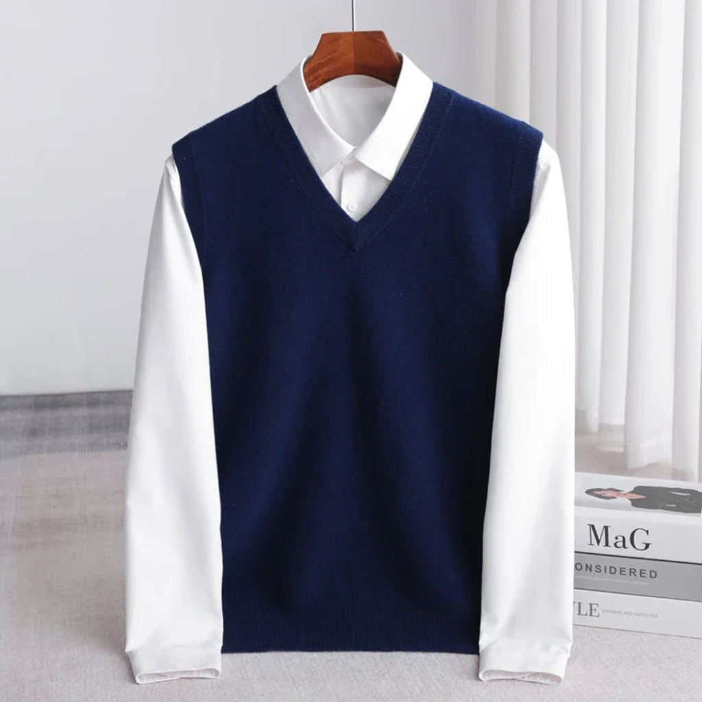 Mens Merino Wool V-Neck Sweater Vest Layering Knit - Navy Blue