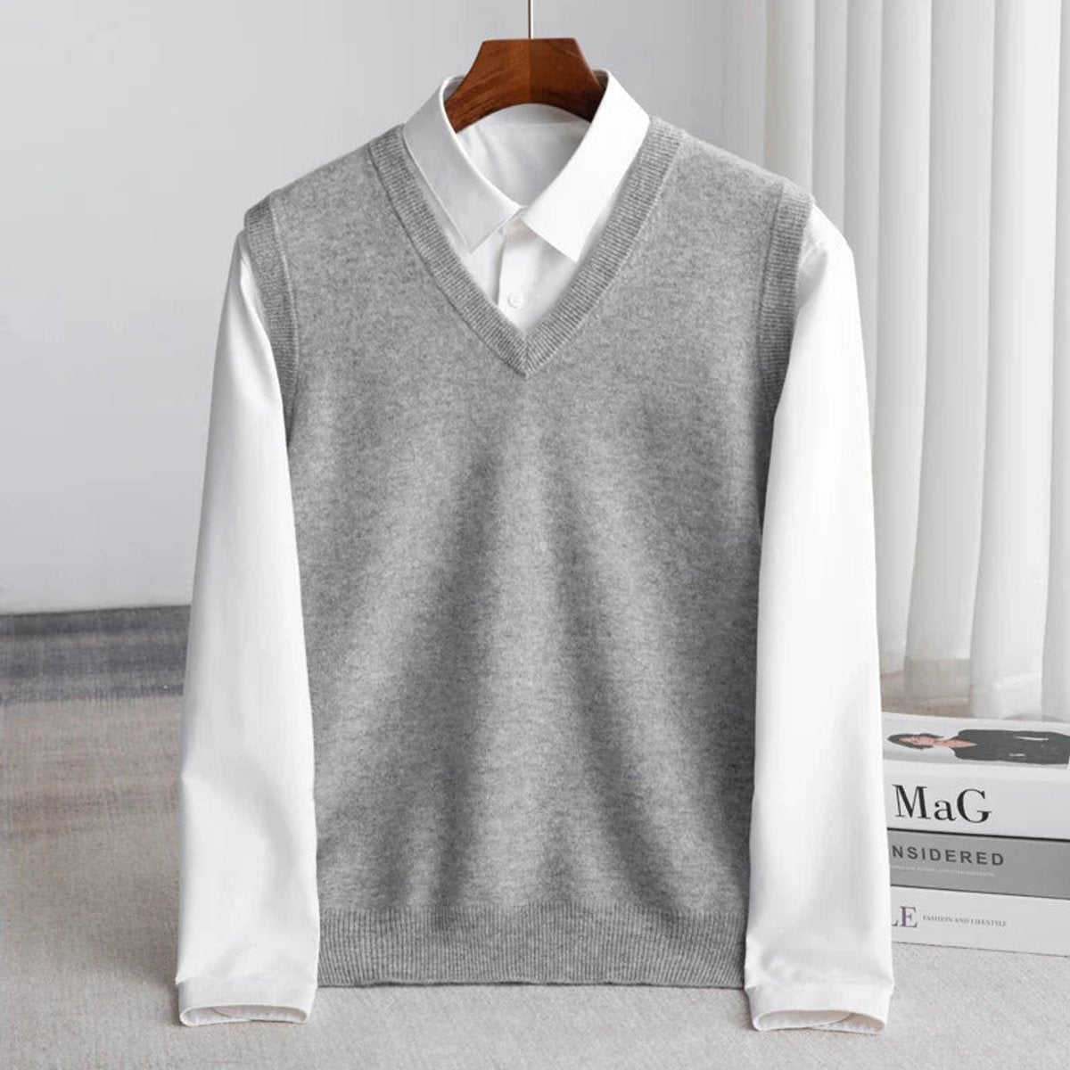 Mens Merino Wool V-Neck Sweater Vest Layering Knit - Gray