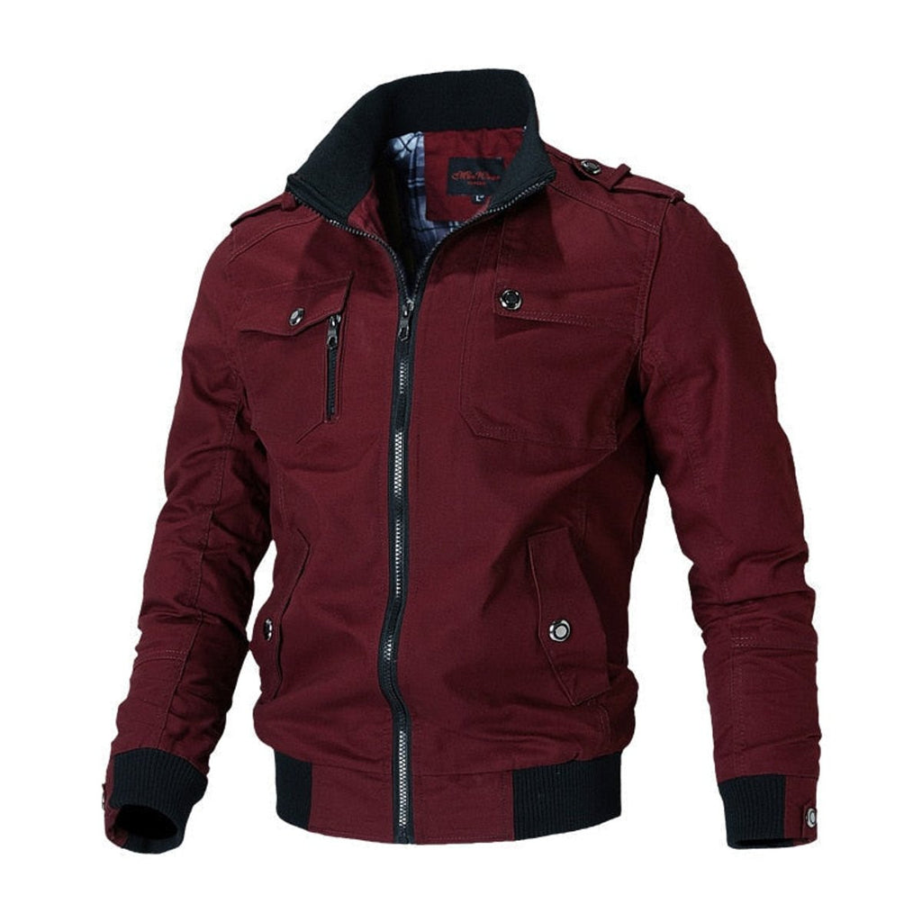 Men's Military-Style Zip-Up Mens Bomber Jacket Multi-Pocket - Red