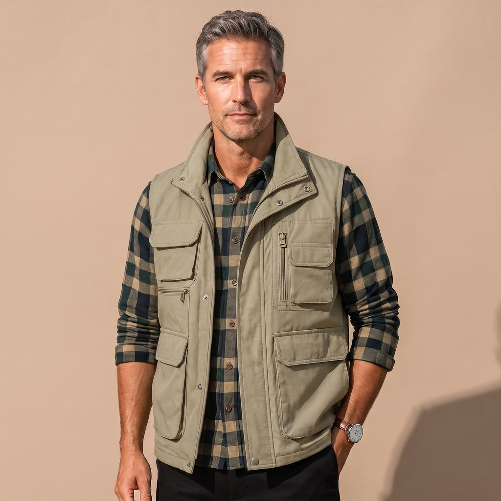 Men's Multi-Pocket Utility Zip-Up Outdoor Vest - Khaki