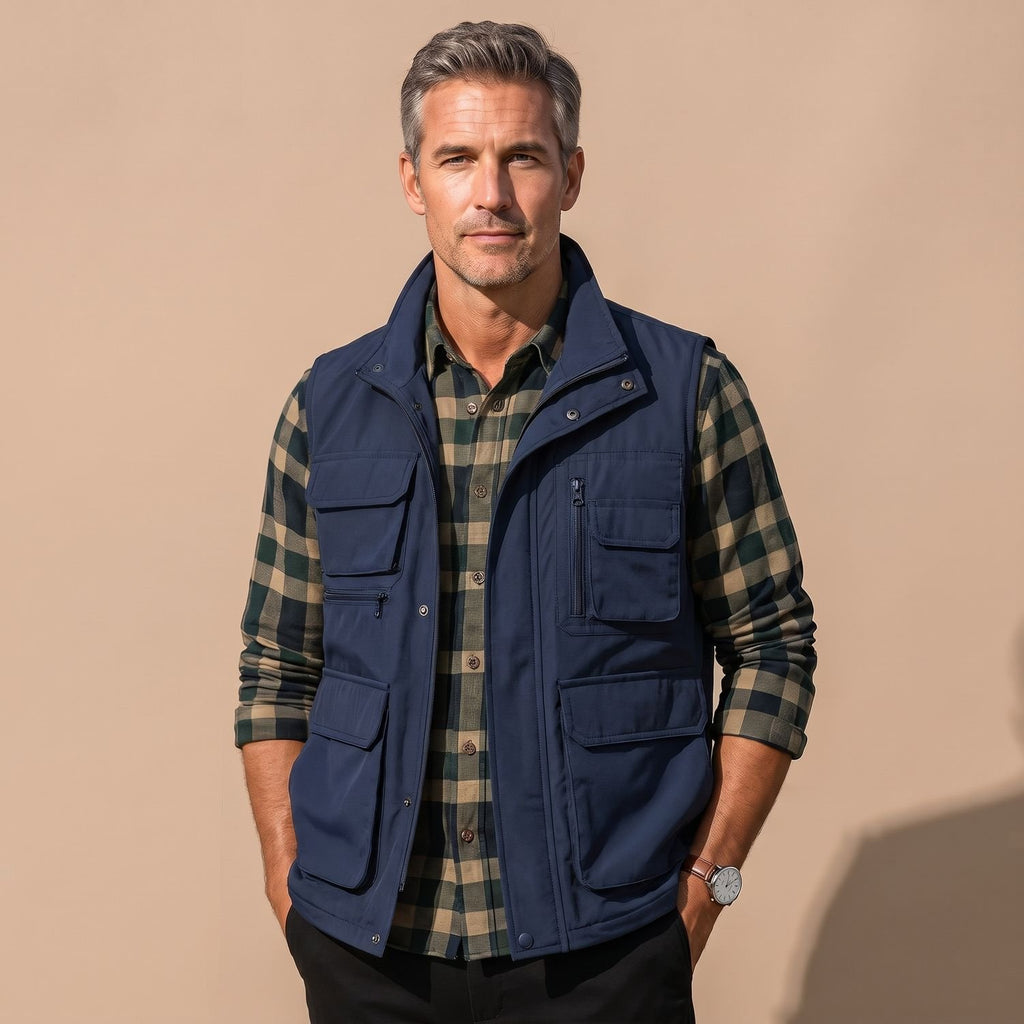 Men's Multi-Pocket Utility Zip-Up Outdoor Vest - Navy Blue