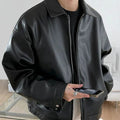 Men's Oversized Faux Leather Zip-Up Bomber Jacket - Black