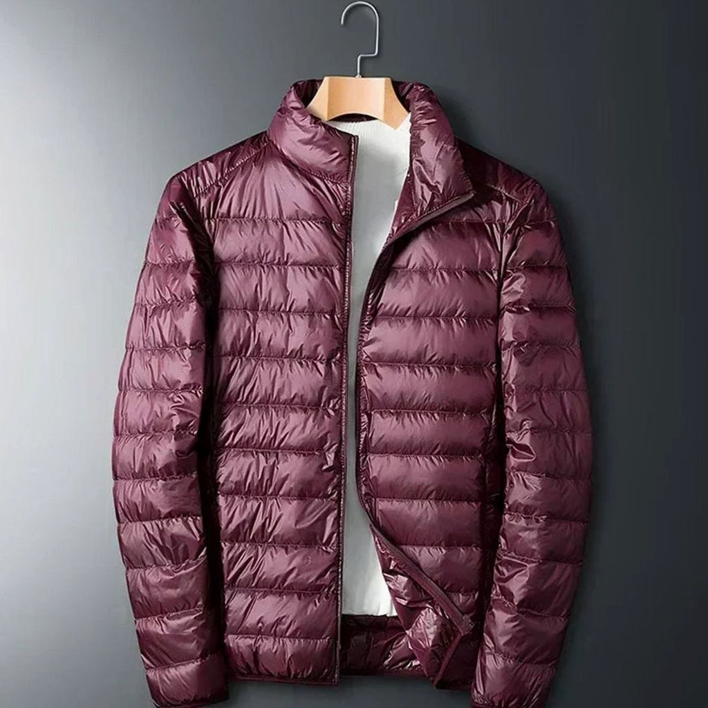 Men's Packable Quilted Puffer Jacket Stow Pocket Full-Zip Stand Collar - Red