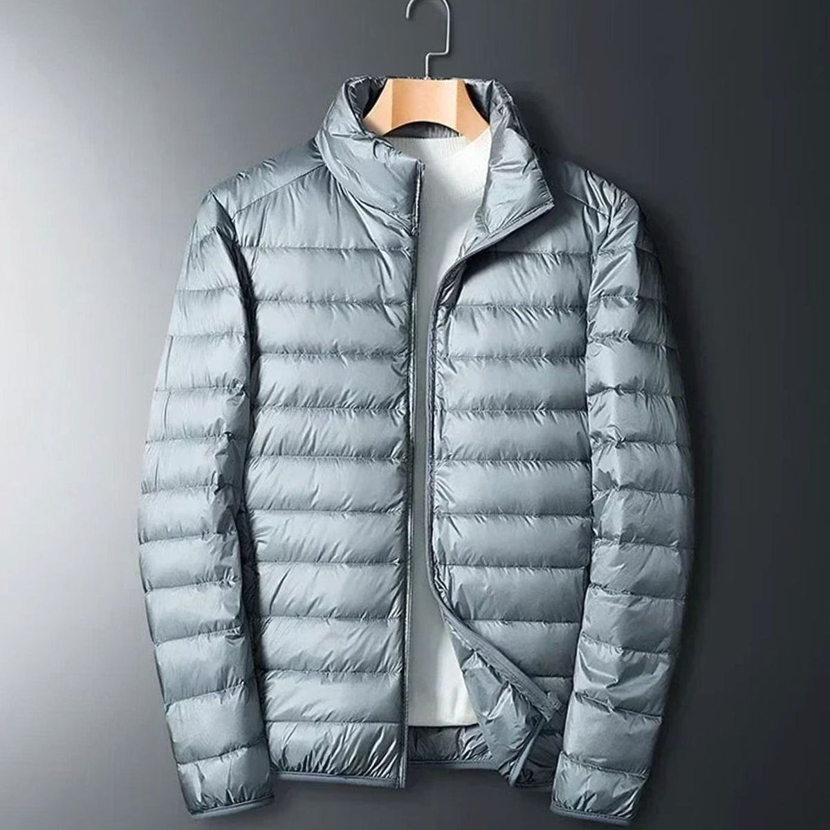 Men's Packable Quilted Puffer Jacket Stow Pocket Full-Zip Stand Collar - Gray