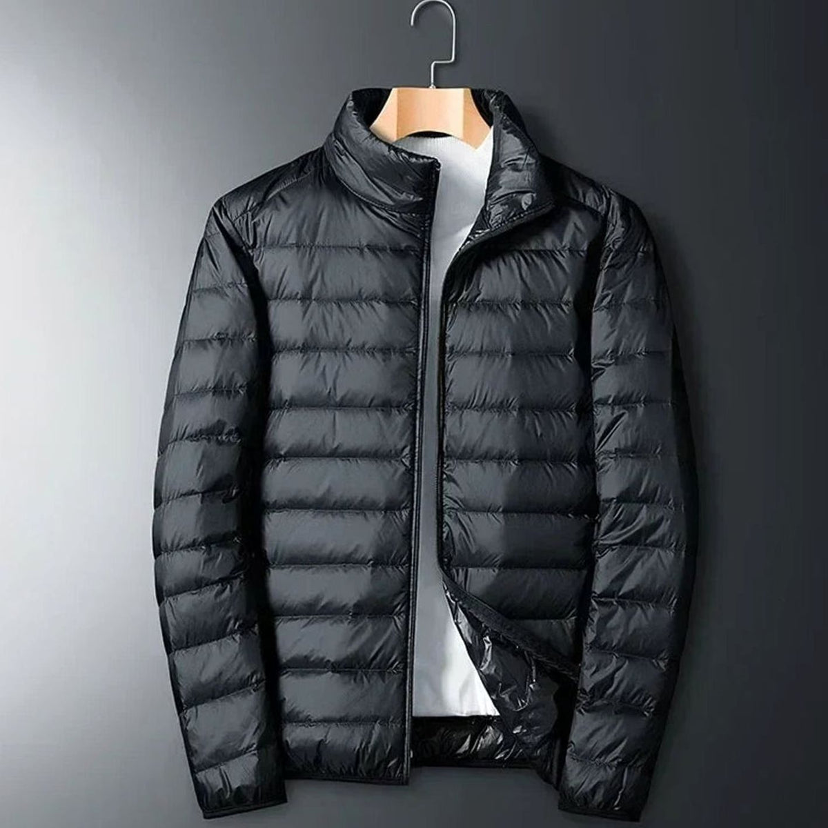 Men's Packable Quilted Puffer Jacket Stow Pocket Full-Zip Stand Collar - Black
