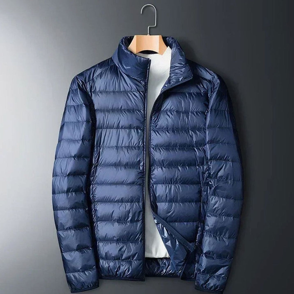 Men's Packable Quilted Puffer Jacket Stow Pocket Full-Zip Stand Collar - Navy Blue