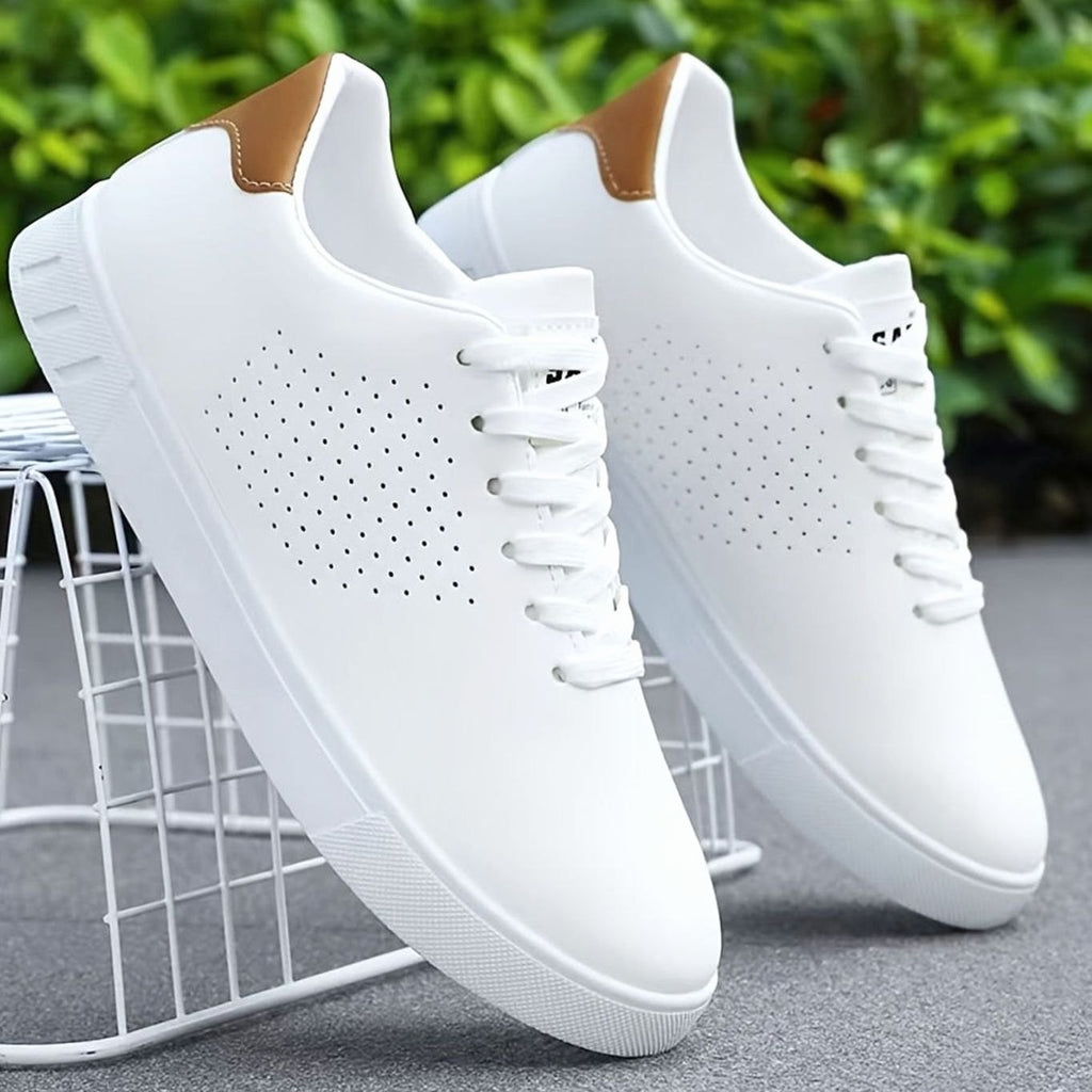 Men's Perforated Lace-Up Low-Top White Sneakers - White