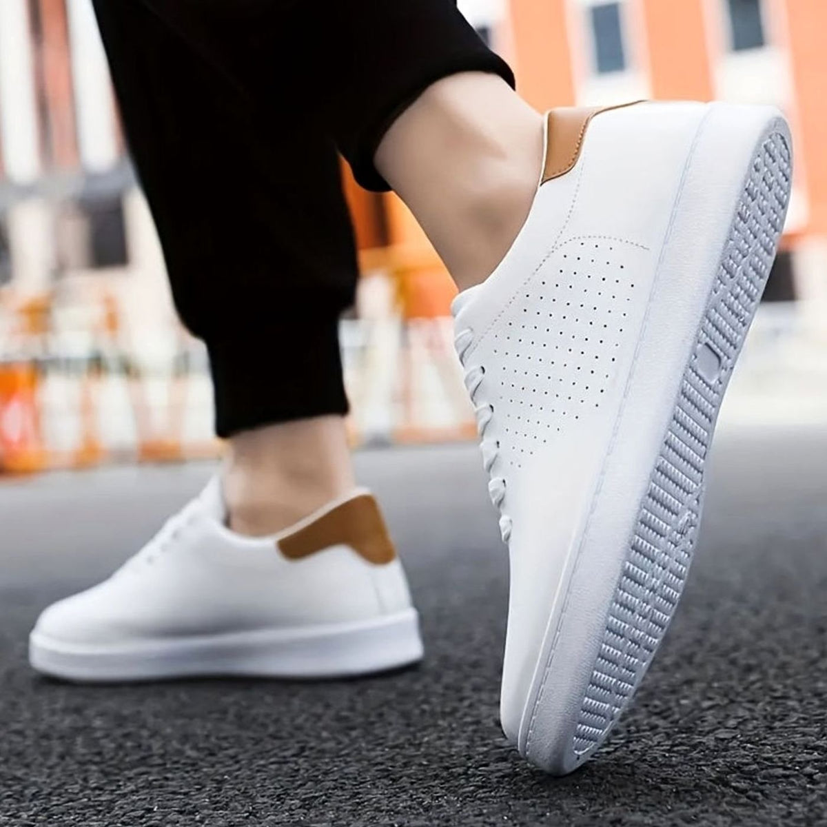 Men's Perforated Lace-Up Low-Top White Sneakers