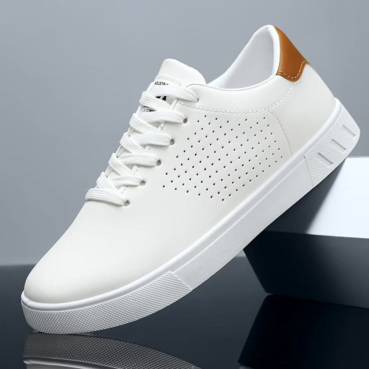 Men's Perforated Lace-Up Low-Top White Sneakers