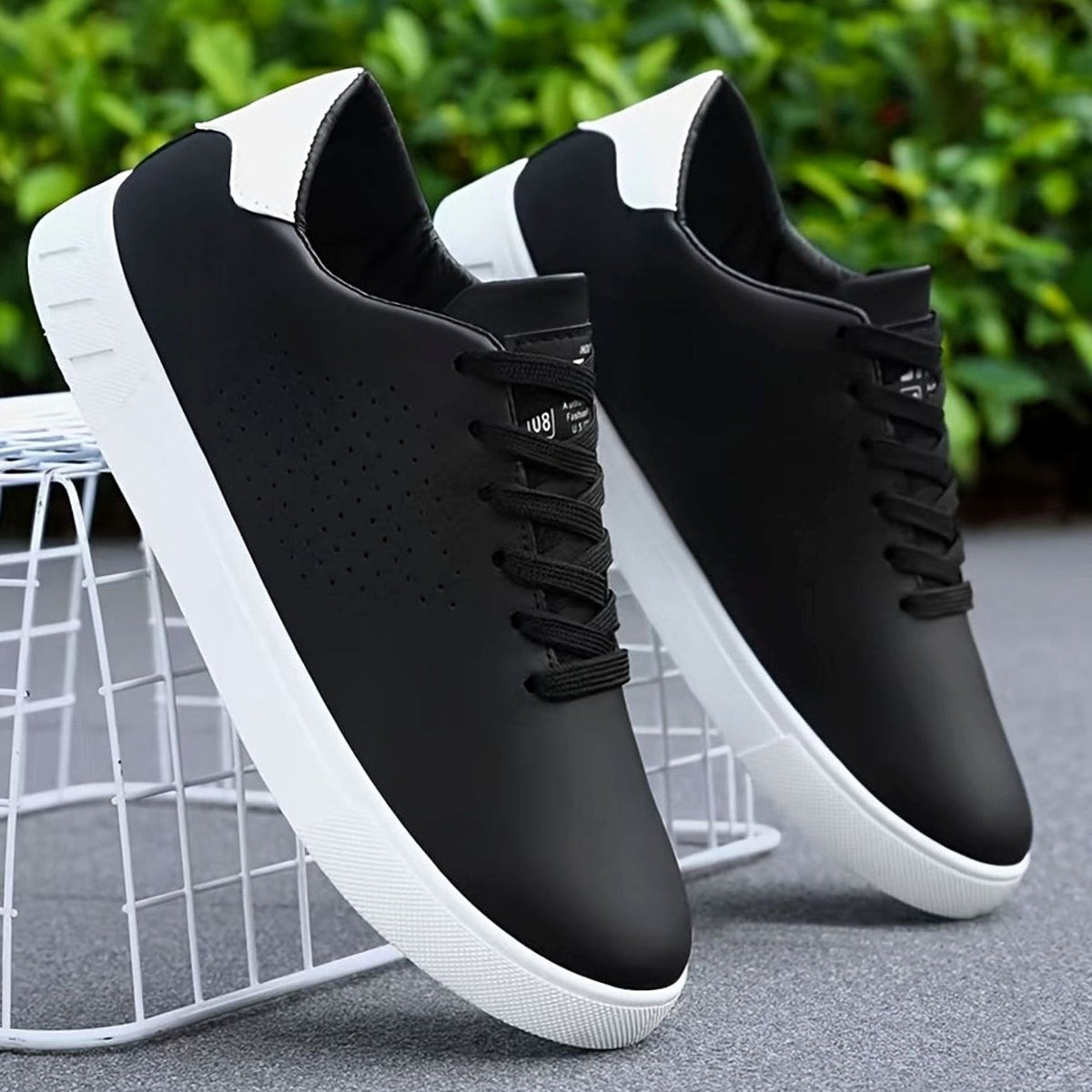 Men's Perforated Lace-Up Low-Top White Sneakers - Black