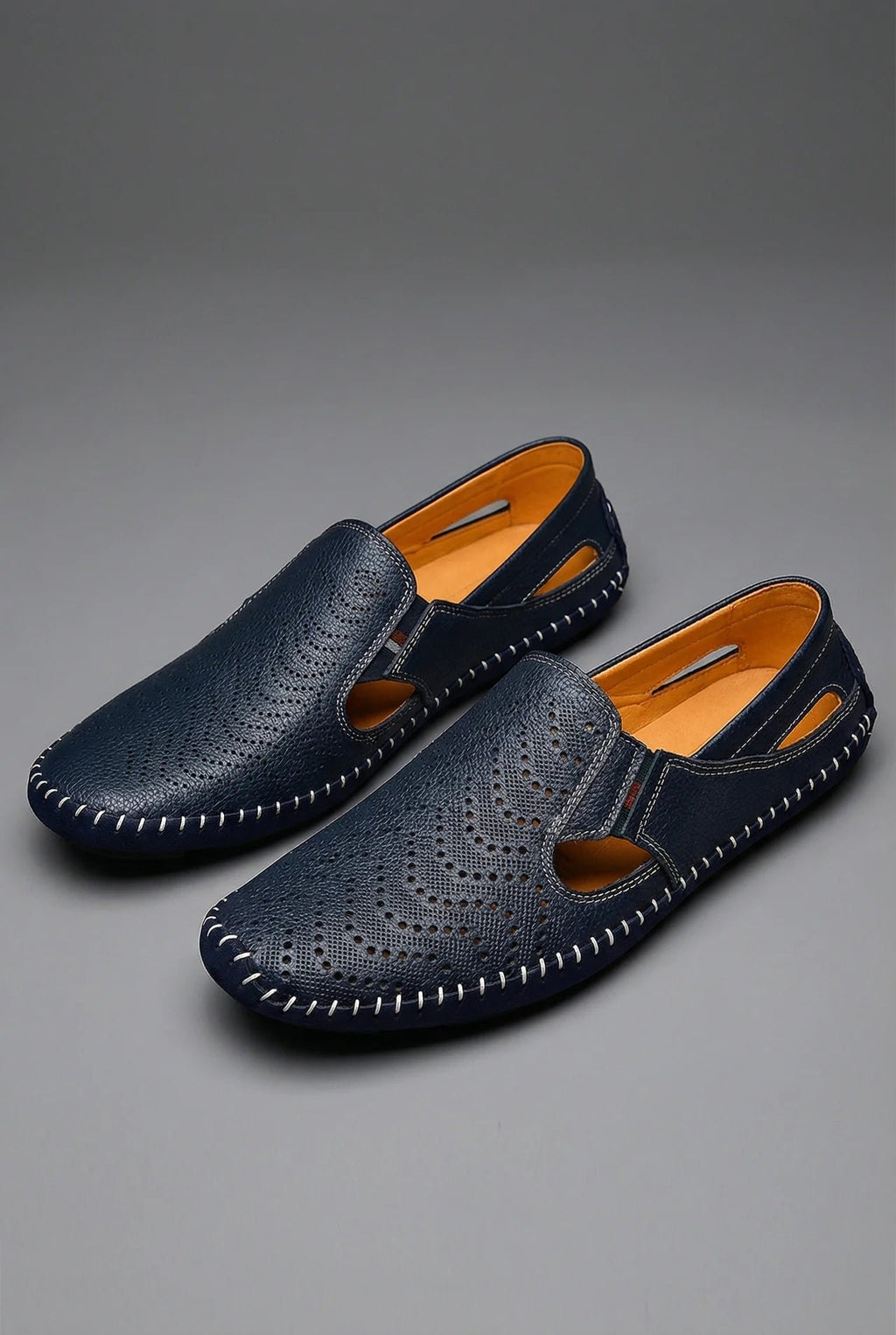 Men's Perforated Slip-On Breathable Hand-Stitched Loafers - Navy