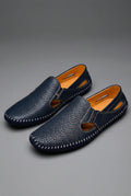Men's Perforated Slip-On Breathable Hand-Stitched Loafers - Navy