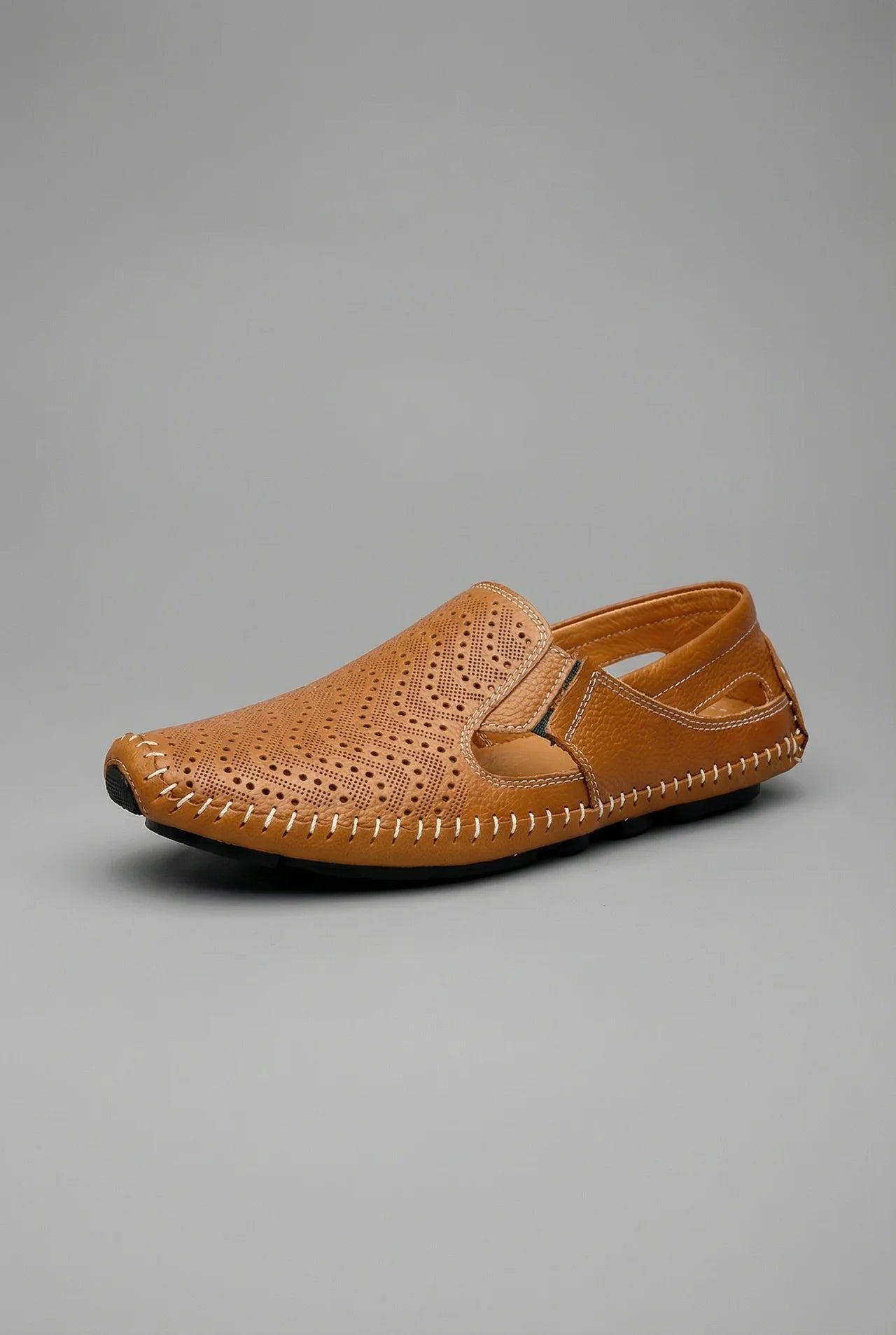 Men's Perforated Slip-On Breathable Hand-Stitched Loafers - Brown