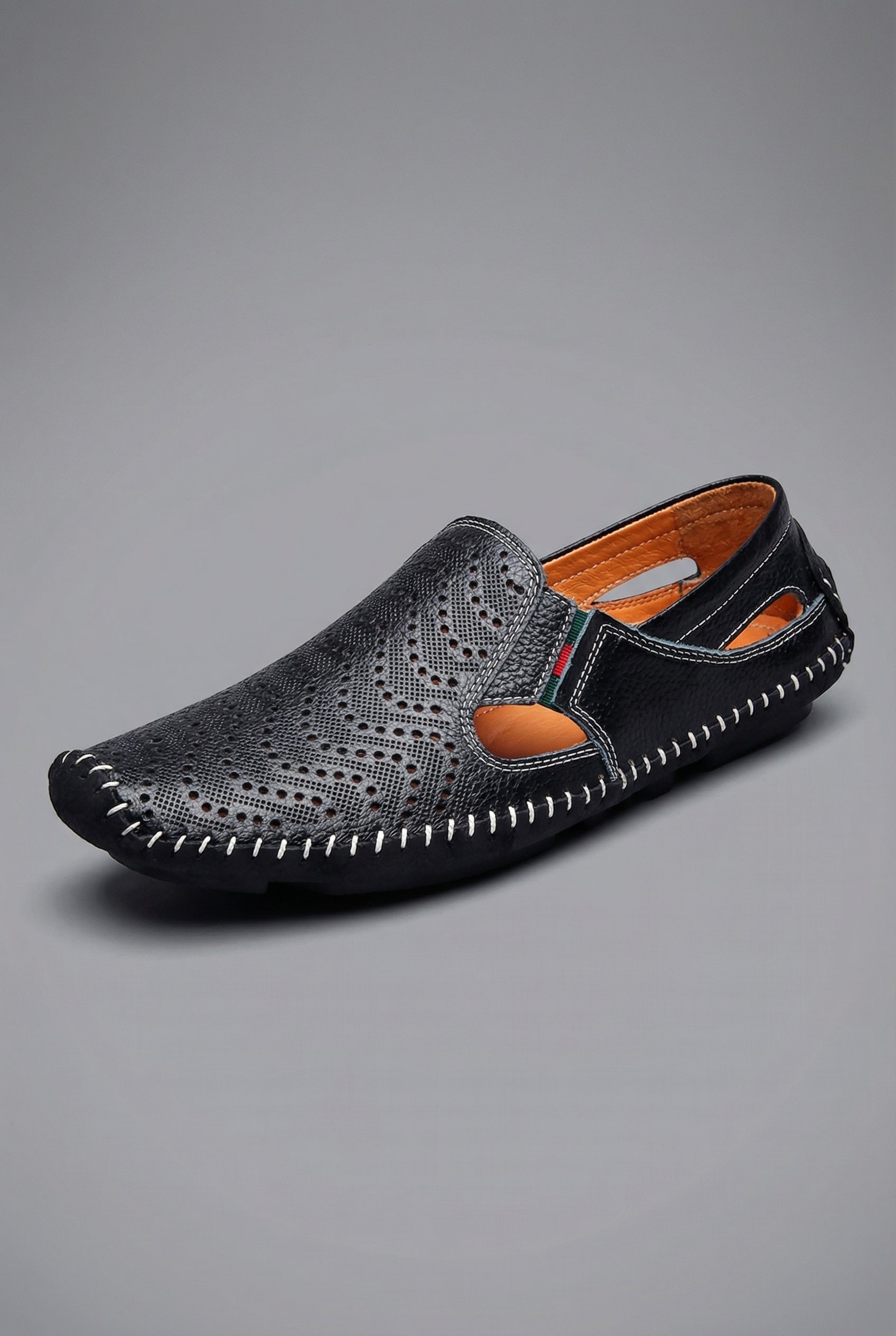 Men's Perforated Slip-On Breathable Hand-Stitched Loafers - Black