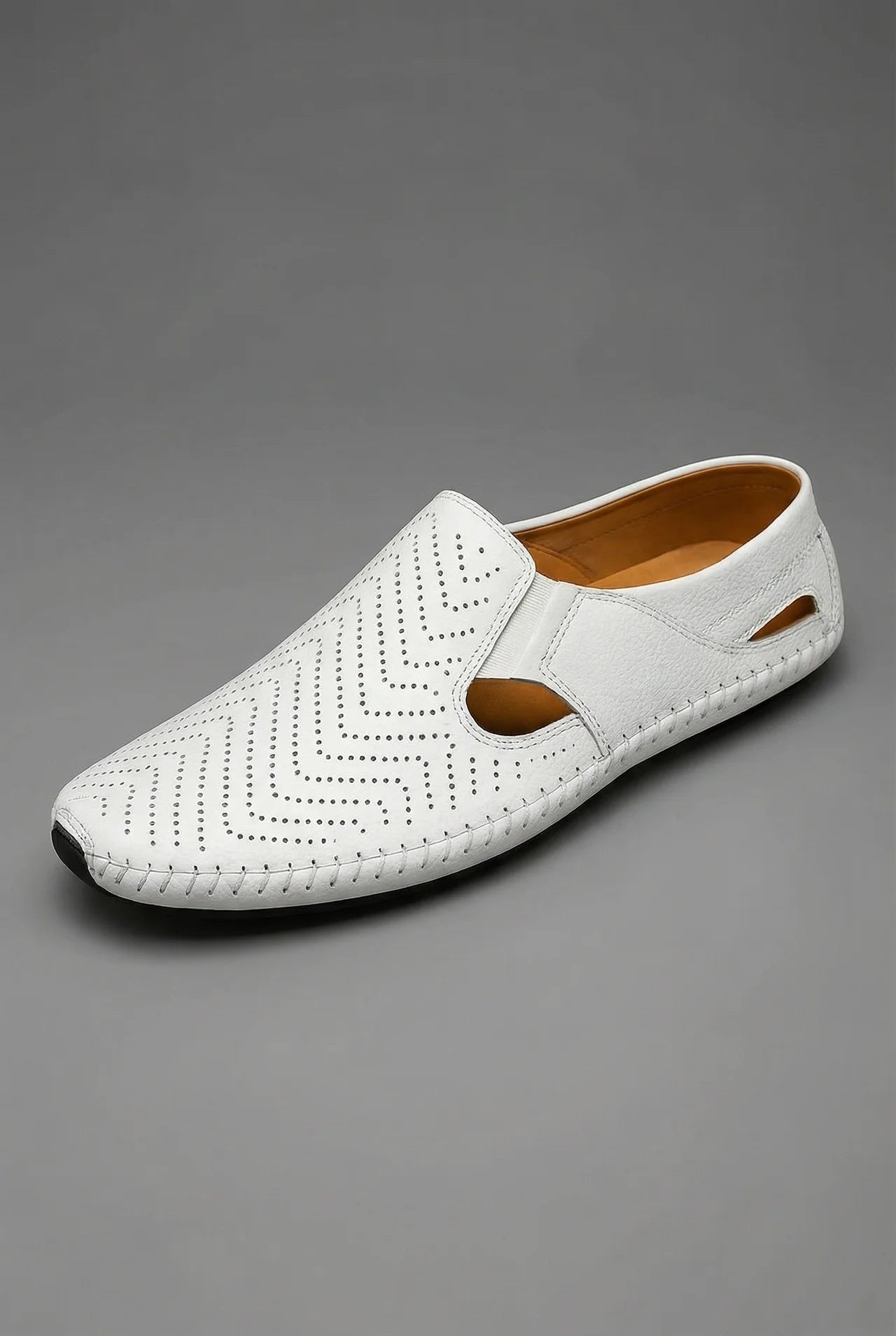 Men's Perforated Slip-On Breathable Hand-Stitched Loafers - White