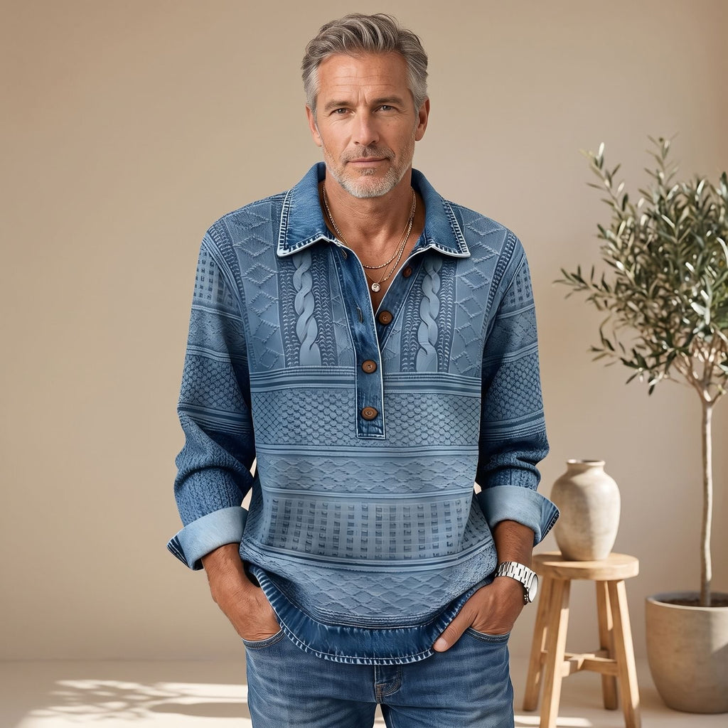 Men's Polo Collar Pullover Sweatshirt Half-Button Textured Top - Blue