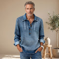 Men's Polo Collar Pullover Sweatshirt Half-Button Textured Top - Blue