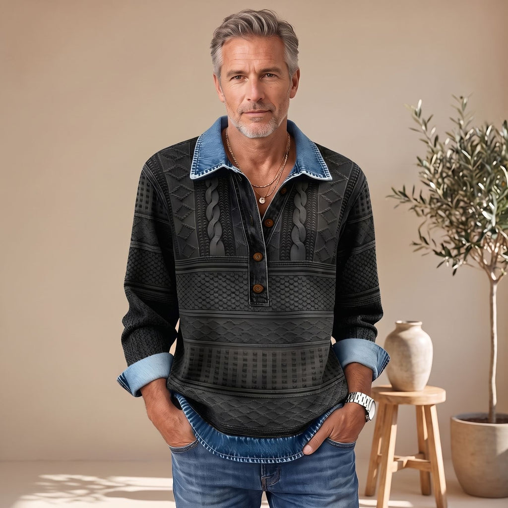 Men's Polo Collar Pullover Sweatshirt Half-Button Textured Top - Gray